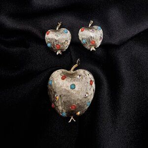 Vintage 1960s Apple Brooch & Clip-On Earrings Set Silver Tone With Multicolor Rh